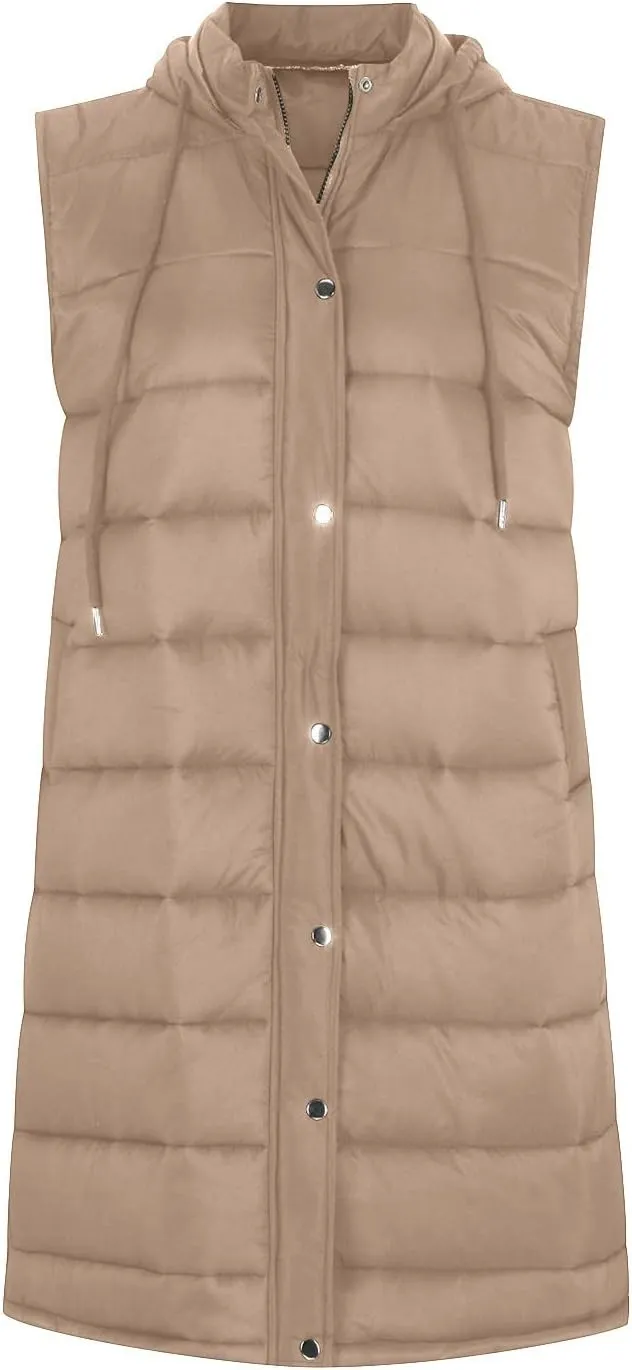 maisdgop Long Puffer Vest Women Hooded Single Breasted Puffy Coats Pretty Solid Color Jackets Sleeveless Pocket Cotton Coat