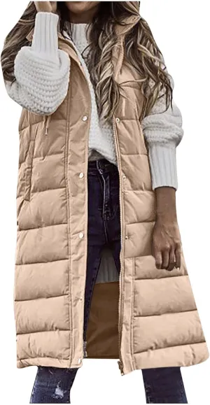 maisdgop Long Puffer Vest Women Hooded Single Breasted Puffy Coats Pretty Solid Color Jackets Sleeveless Pocket Cotton Coat
