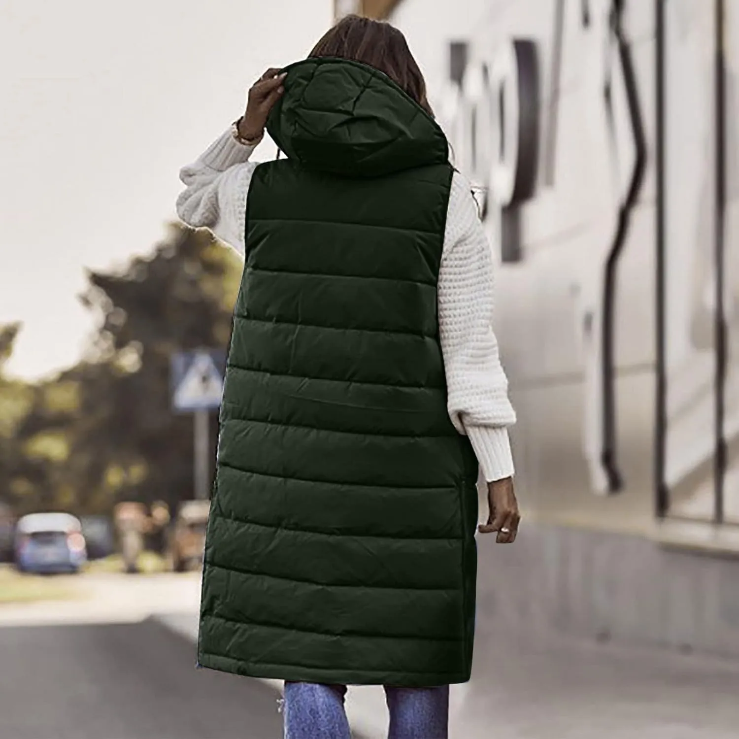 maisdgop Long Puffer Vest Women Hooded Single Breasted Puffy Coats Pretty Solid Color Jackets Sleeveless Pocket Cotton Coat