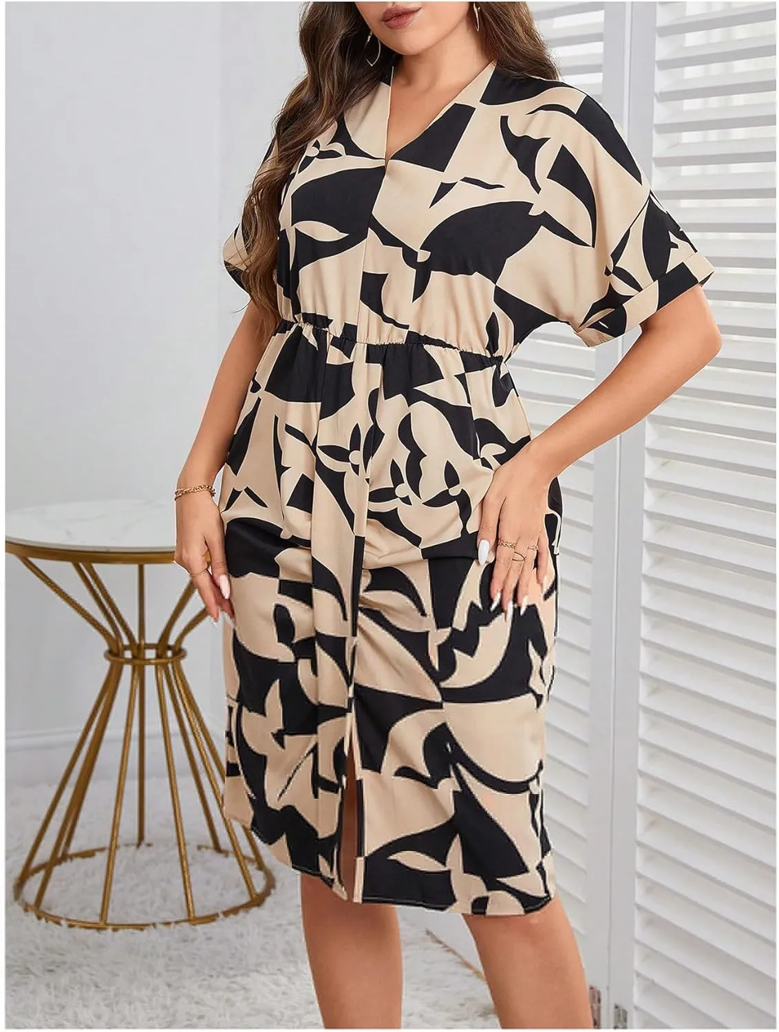 MakeMeChic Women's Plus Size Allover Print Tee Dress V Neck Midi Short Sleeve Dresses