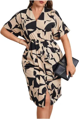 MakeMeChic Women's Plus Size Allover Print Tee Dress V Neck Midi Short Sleeve Dresses