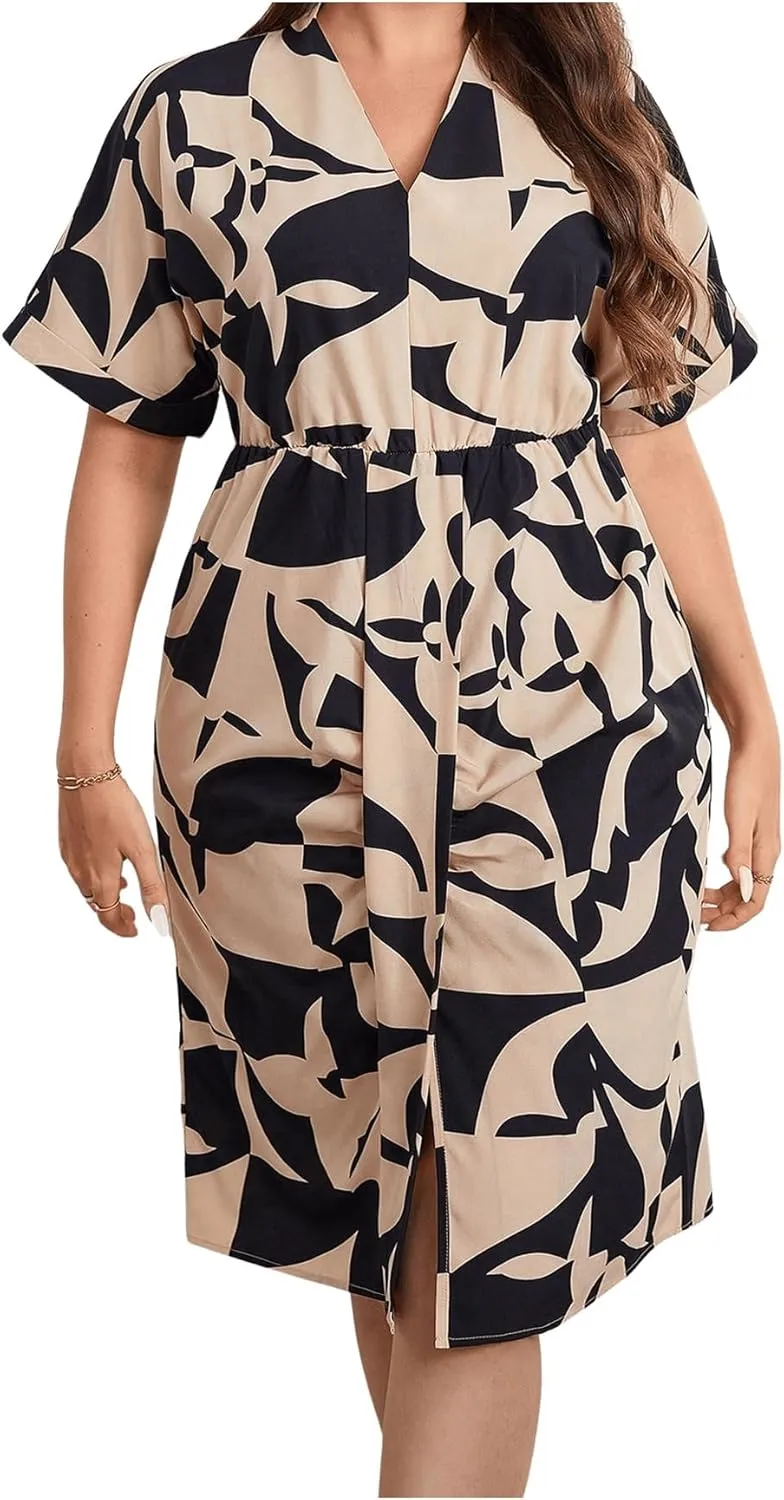 MakeMeChic Women's Plus Size Allover Print Tee Dress V Neck Midi Short Sleeve Dresses