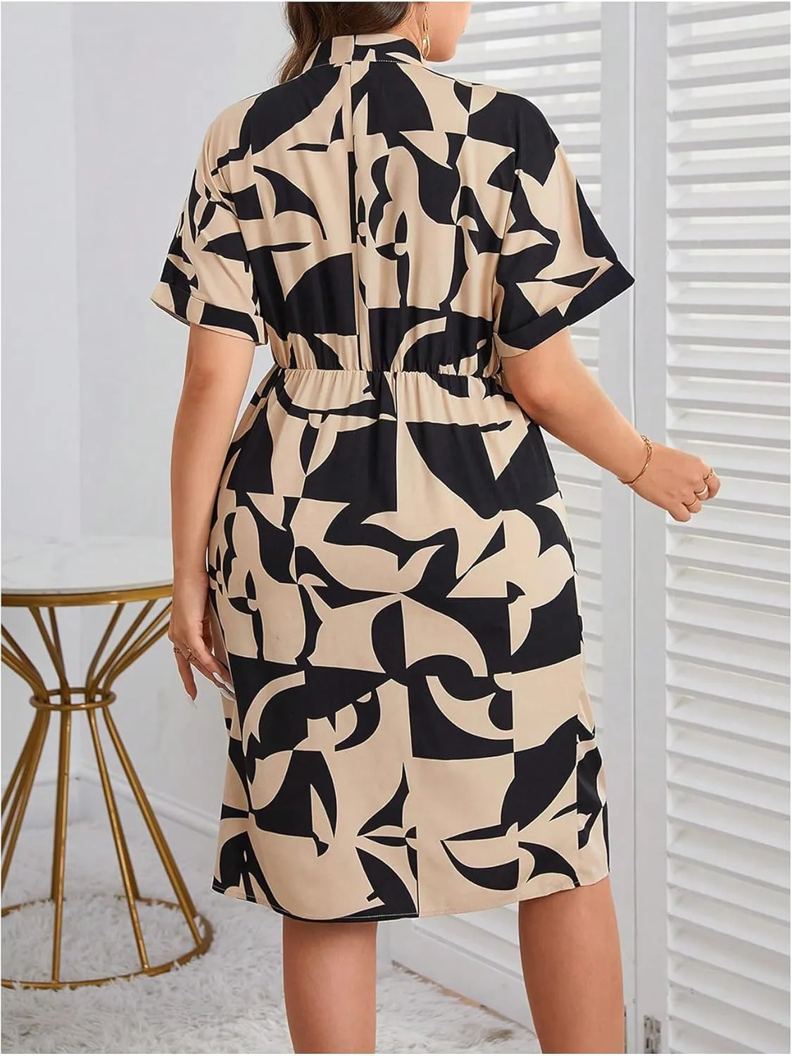 MakeMeChic Women's Plus Size Allover Print Tee Dress V Neck Midi Short Sleeve Dresses