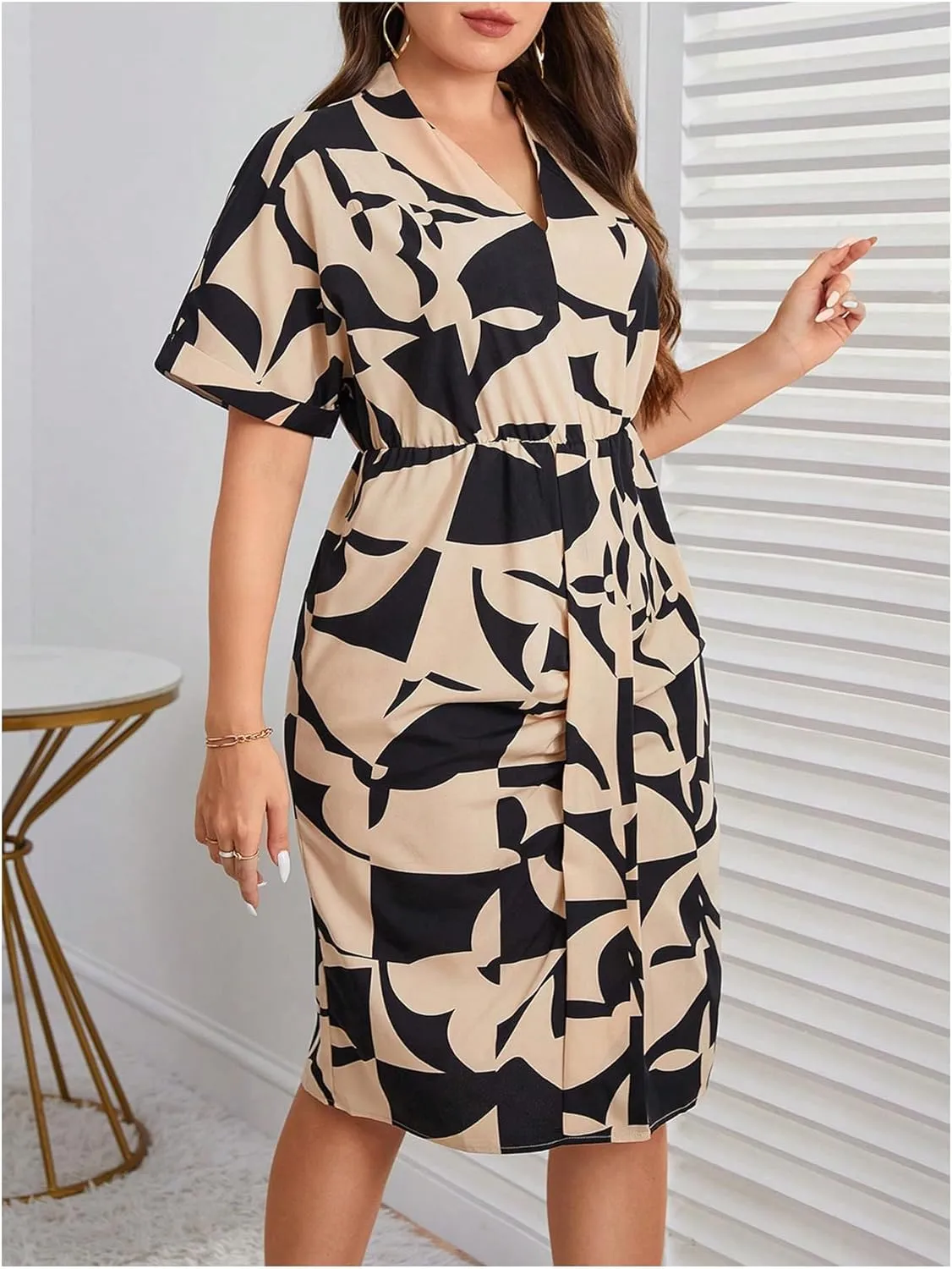 MakeMeChic Women's Plus Size Allover Print Tee Dress V Neck Midi Short Sleeve Dresses
