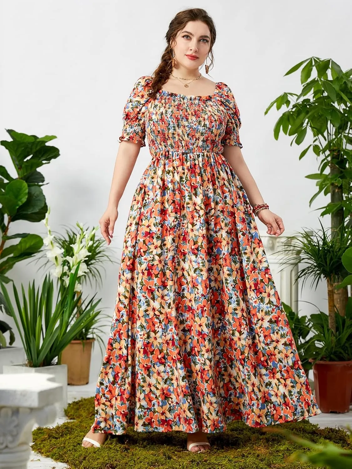 MakeMeChic Women's Plus Size Boho Floral Maxi Dress Curvy Short Sleeve Shirred Squared Neck Flomal Long Dress