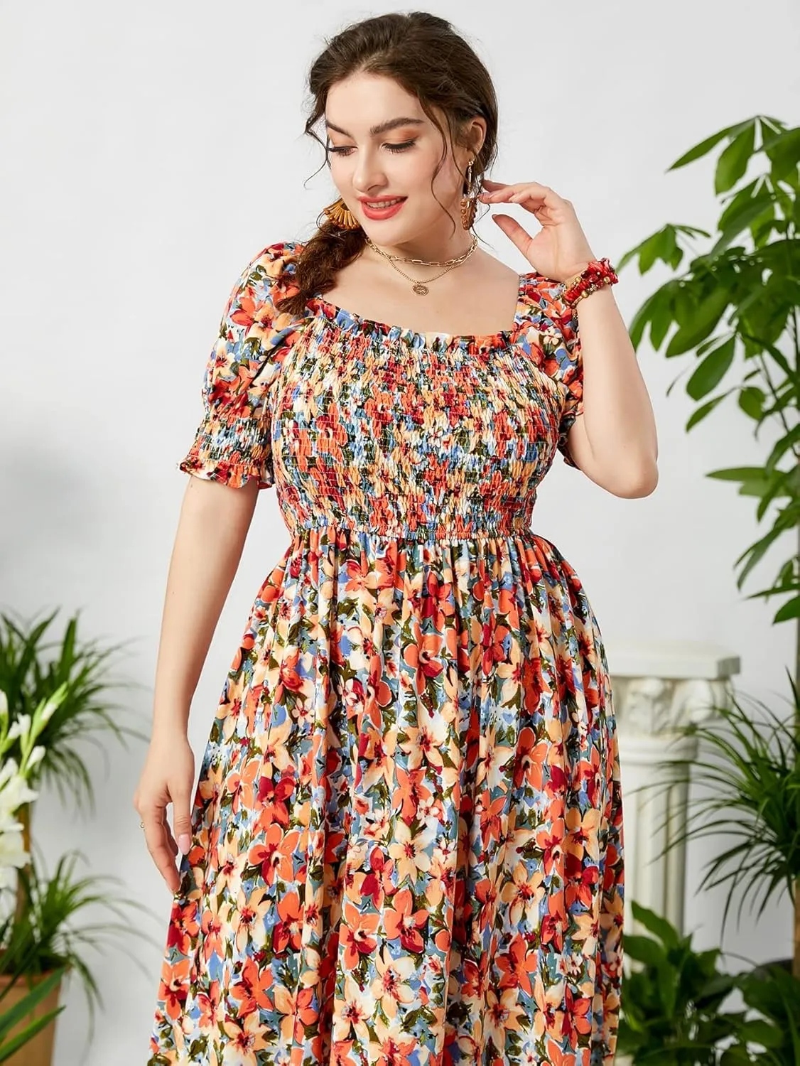 MakeMeChic Women's Plus Size Boho Floral Maxi Dress Curvy Short Sleeve Shirred Squared Neck Flomal Long Dress
