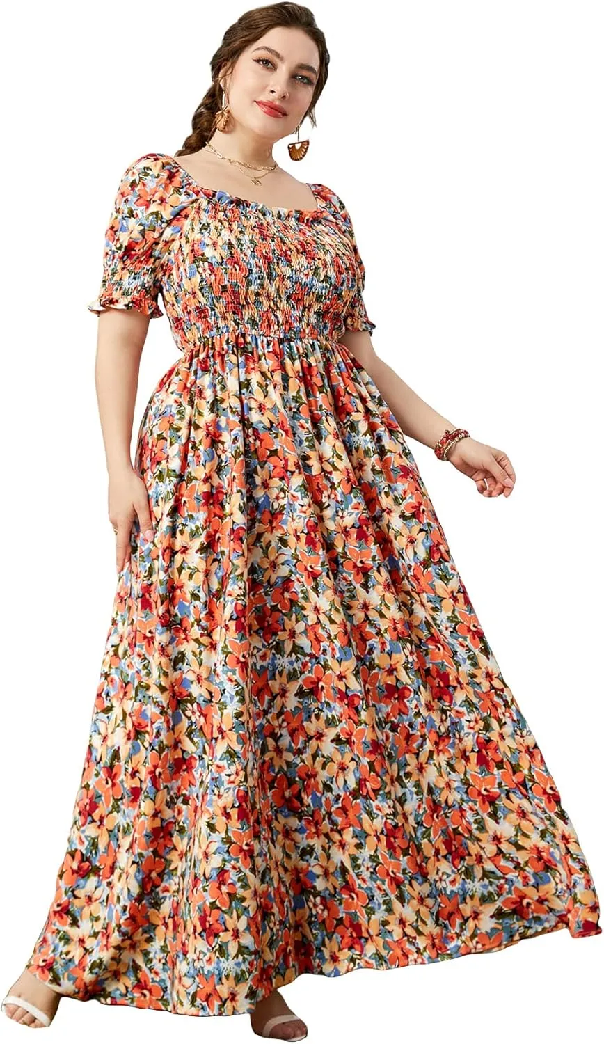 MakeMeChic Women's Plus Size Boho Floral Maxi Dress Curvy Short Sleeve Shirred Squared Neck Flomal Long Dress