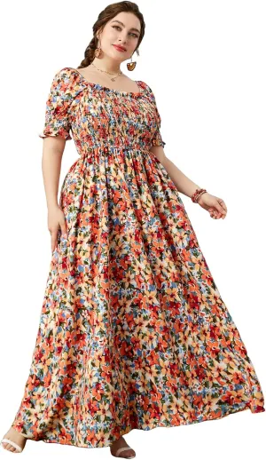 MakeMeChic Women's Plus Size Boho Floral Maxi Dress Curvy Short Sleeve Shirred Squared Neck Flomal Long Dress