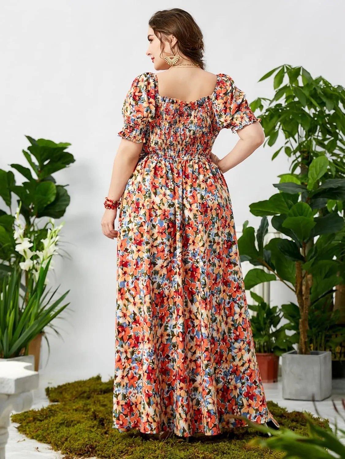 MakeMeChic Women's Plus Size Boho Floral Maxi Dress Curvy Short Sleeve Shirred Squared Neck Flomal Long Dress