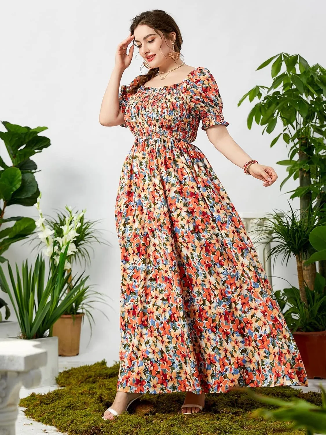 MakeMeChic Women's Plus Size Boho Floral Maxi Dress Curvy Short Sleeve Shirred Squared Neck Flomal Long Dress