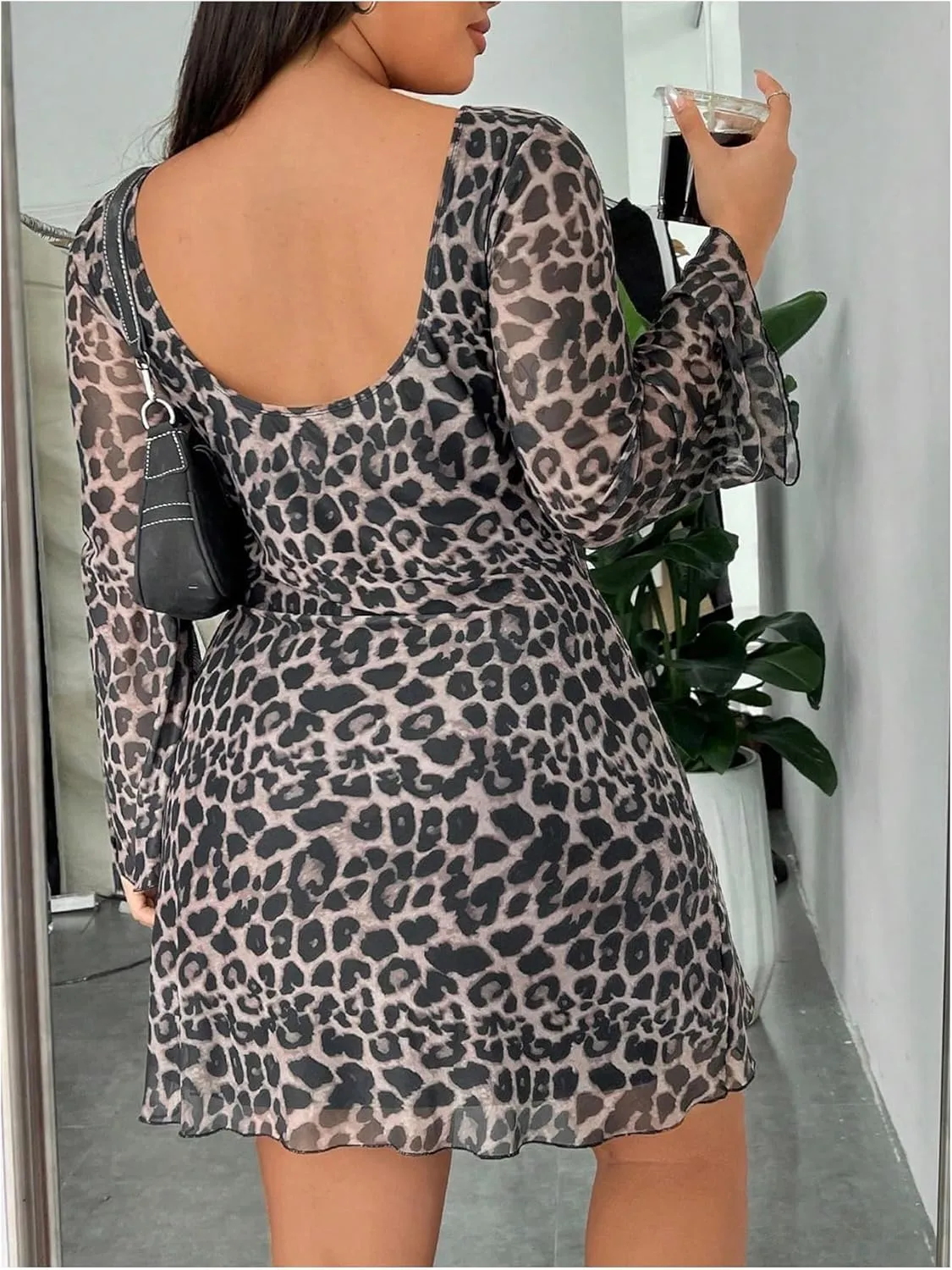 MakeMeChic Women's Plus Size Leopard Print Dress Bell Sleeve Cheetah Print Dress Y2K Mesh Backless Mini Dresses