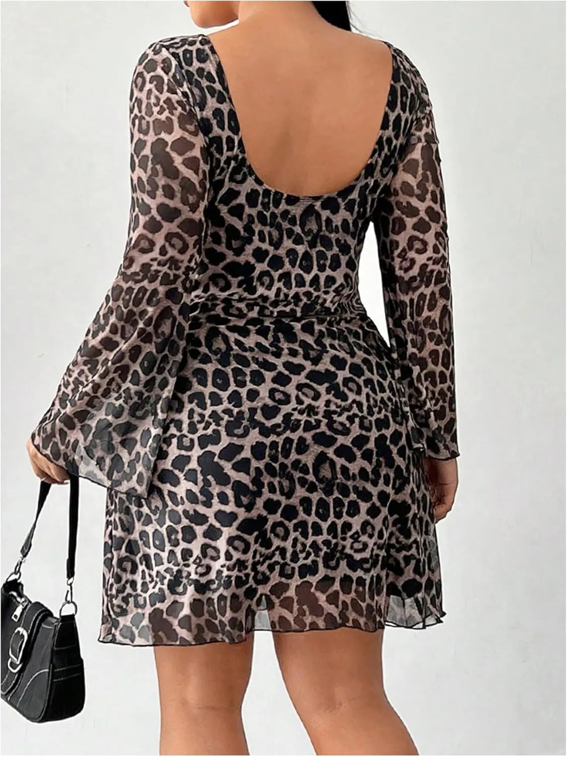 MakeMeChic Women's Plus Size Leopard Print Dress Bell Sleeve Cheetah Print Dress Y2K Mesh Backless Mini Dresses