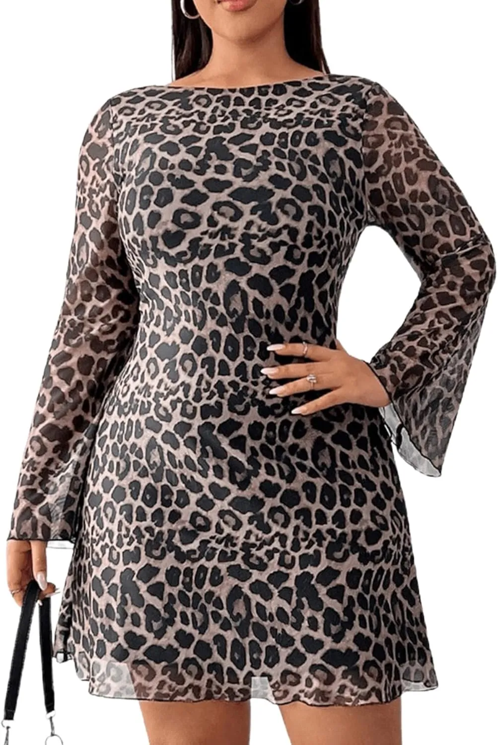 MakeMeChic Women's Plus Size Leopard Print Dress Bell Sleeve Cheetah Print Dress Y2K Mesh Backless Mini Dresses