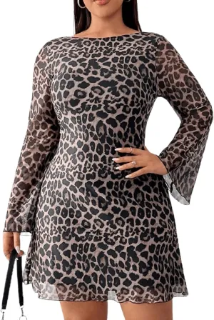 MakeMeChic Women's Plus Size Leopard Print Dress Bell Sleeve Cheetah Print Dress Y2K Mesh Backless Mini Dresses
