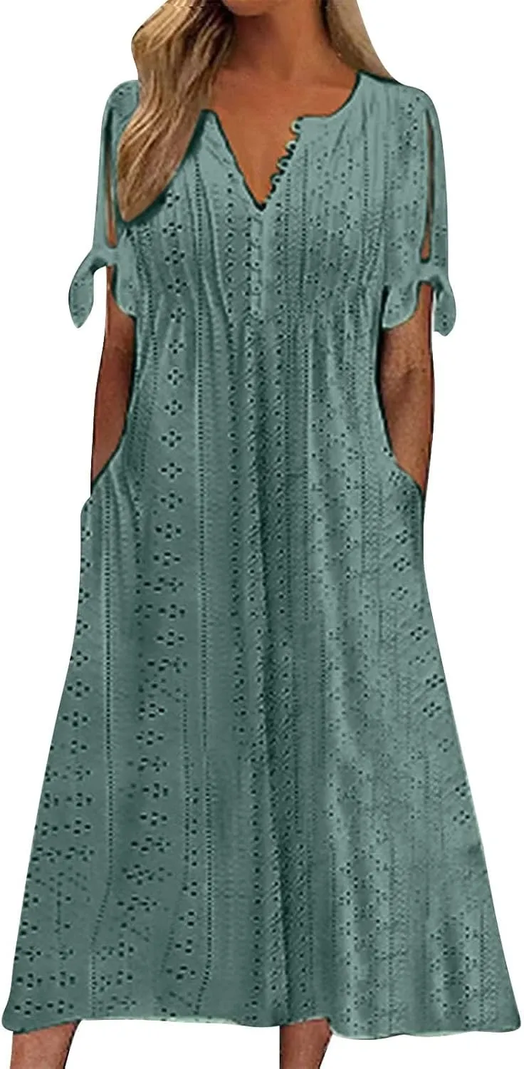 Maxi Long Dresses for Women 2025 Summer Short Sleeve Eyelet Tshirt Dress Casual Beach Vacation Fashion Dress