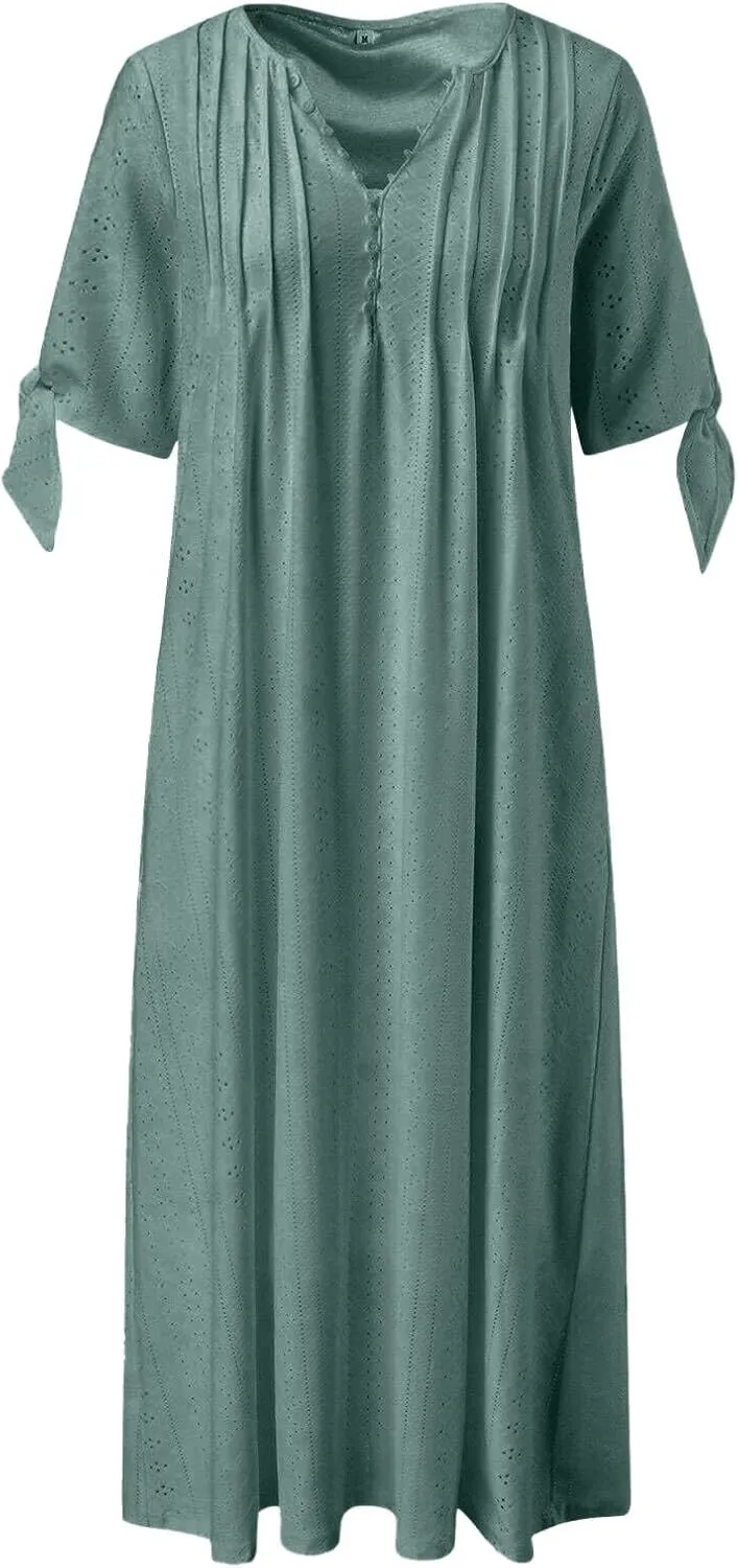 Maxi Long Dresses for Women 2025 Summer Short Sleeve Eyelet Tshirt Dress Casual Beach Vacation Fashion Dress