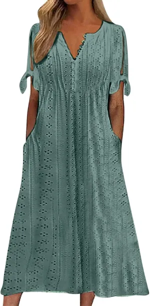 Maxi Long Dresses for Women 2025 Summer Short Sleeve Eyelet Tshirt Dress Casual Beach Vacation Fashion Dress