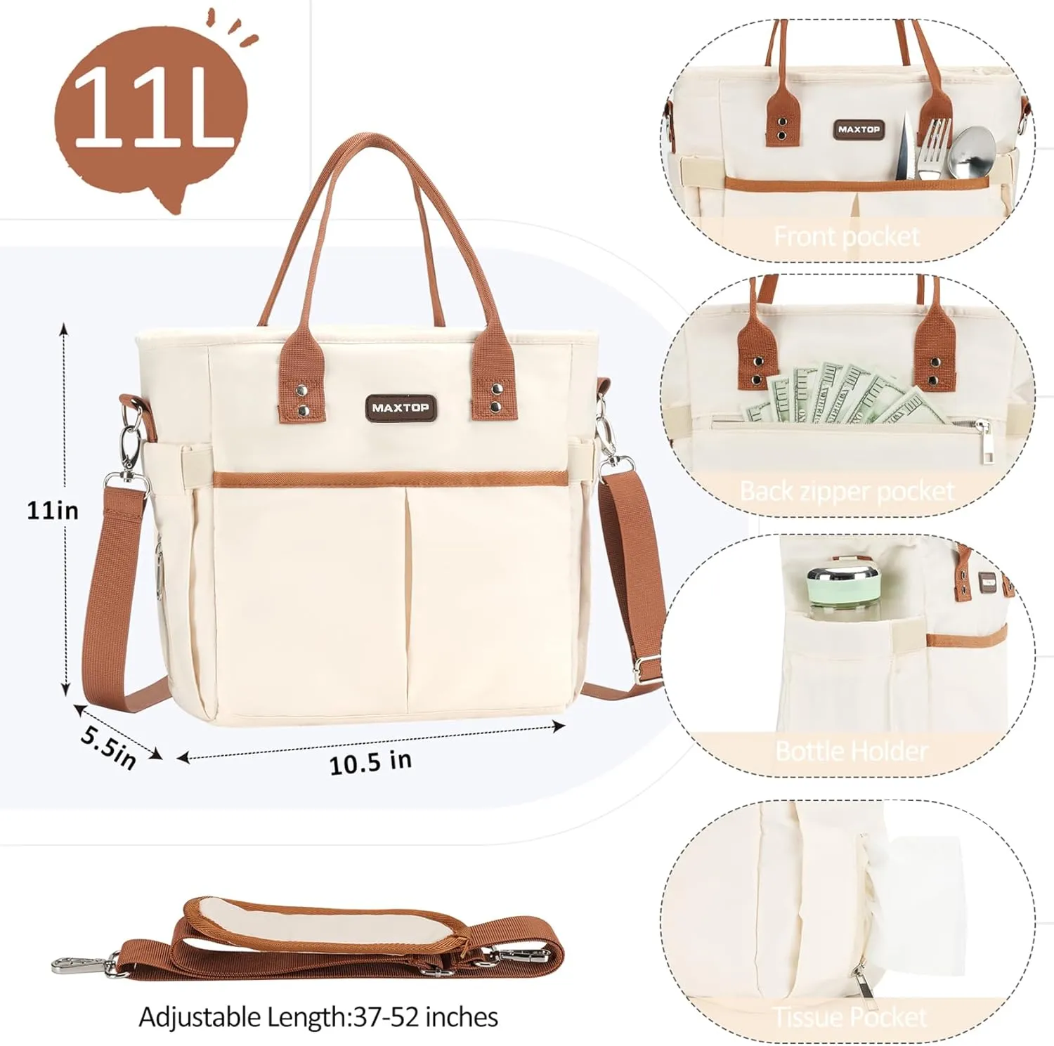MAXTOP Lunch Bag Women for Work Insulated Thermal Lunch Box with Wide-Open Pocket Reusable Leakproof Cooler Bags with Removable Shoulder Strap for Teacher Nurse Office Picnic Travel Brown