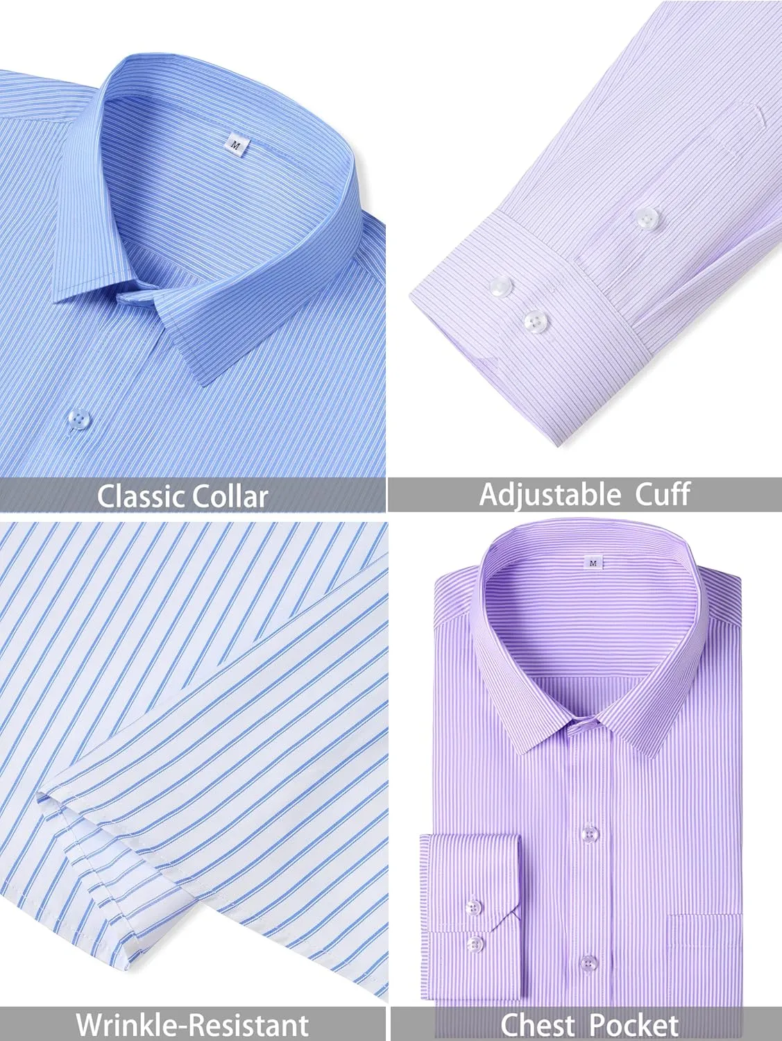 Men Button Down Long Sleeve Striped Dress Shirt Business Casual Shirt with Pocket Regular Grade 4 Wrinkle-Resistant
