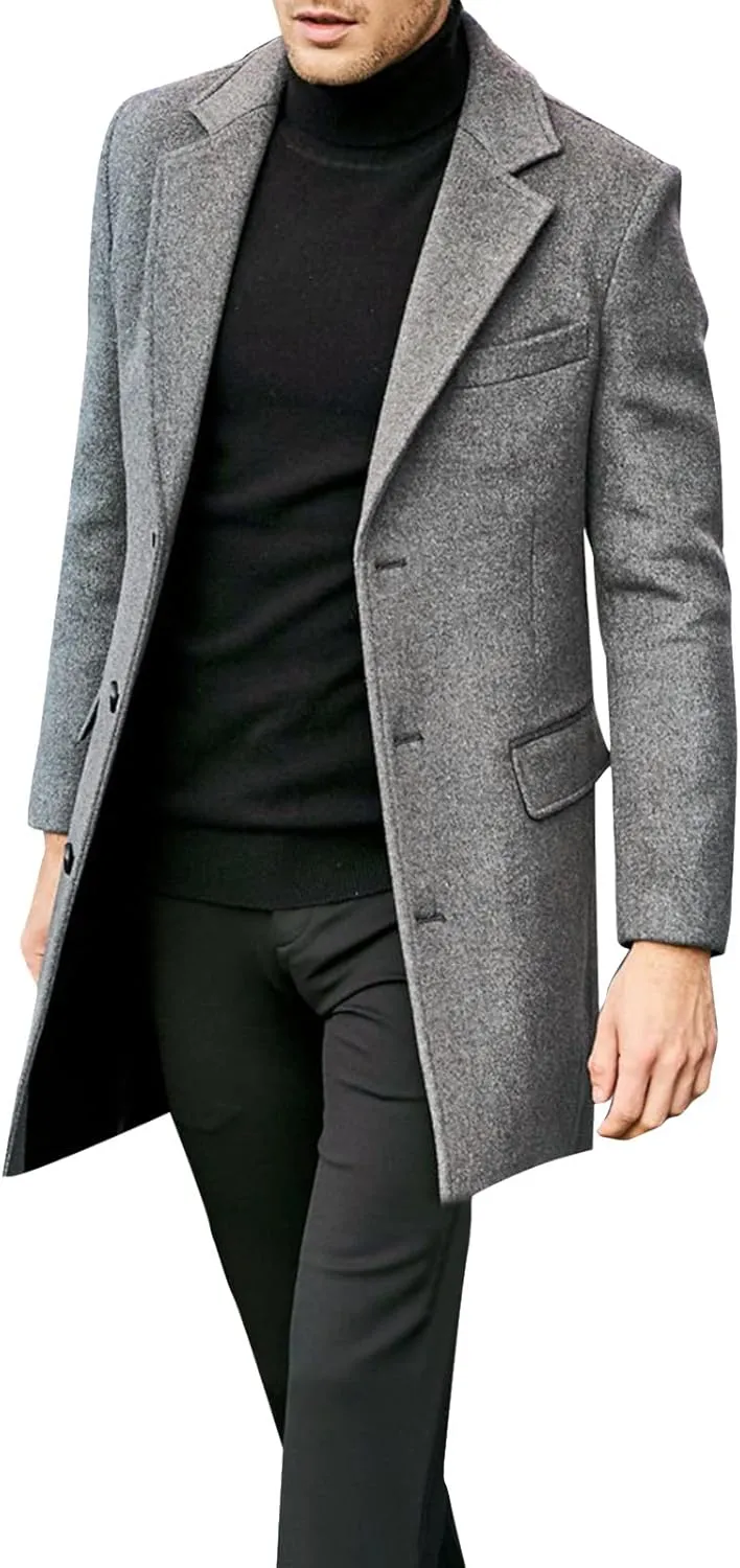 Men Coats Winter Slim Fit Fashion Breasted Trench Coats Winter Pea Coat Notch Lapel Long Casual Holiday Overcoat