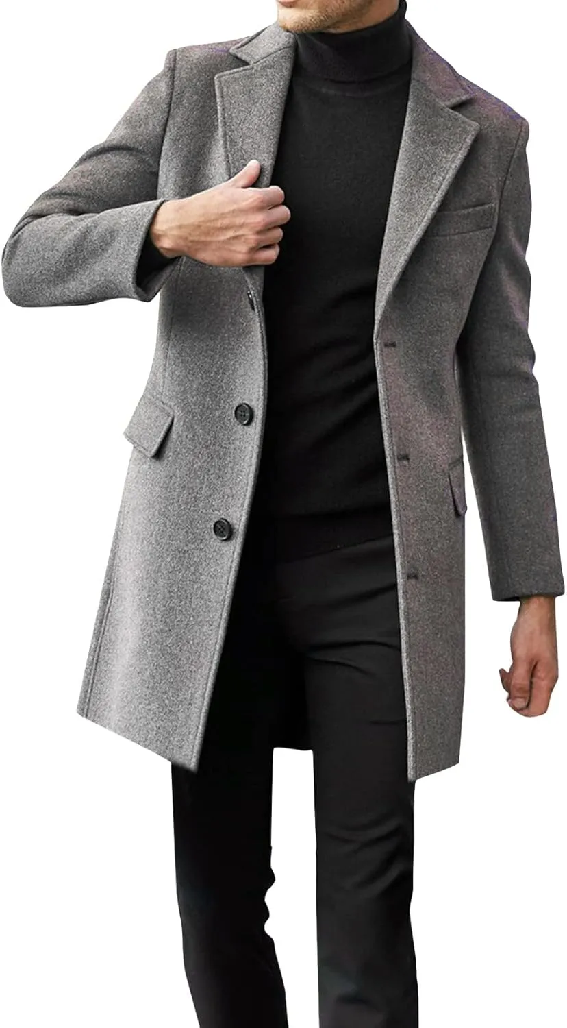 Men Coats Winter Slim Fit Fashion Breasted Trench Coats Winter Pea Coat Notch Lapel Long Casual Holiday Overcoat