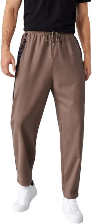 Men Linen Pants Casual Elastic Waist Trousers Summer Beach Vacation Lightweight Pants Drawstring Slacks with Pocket