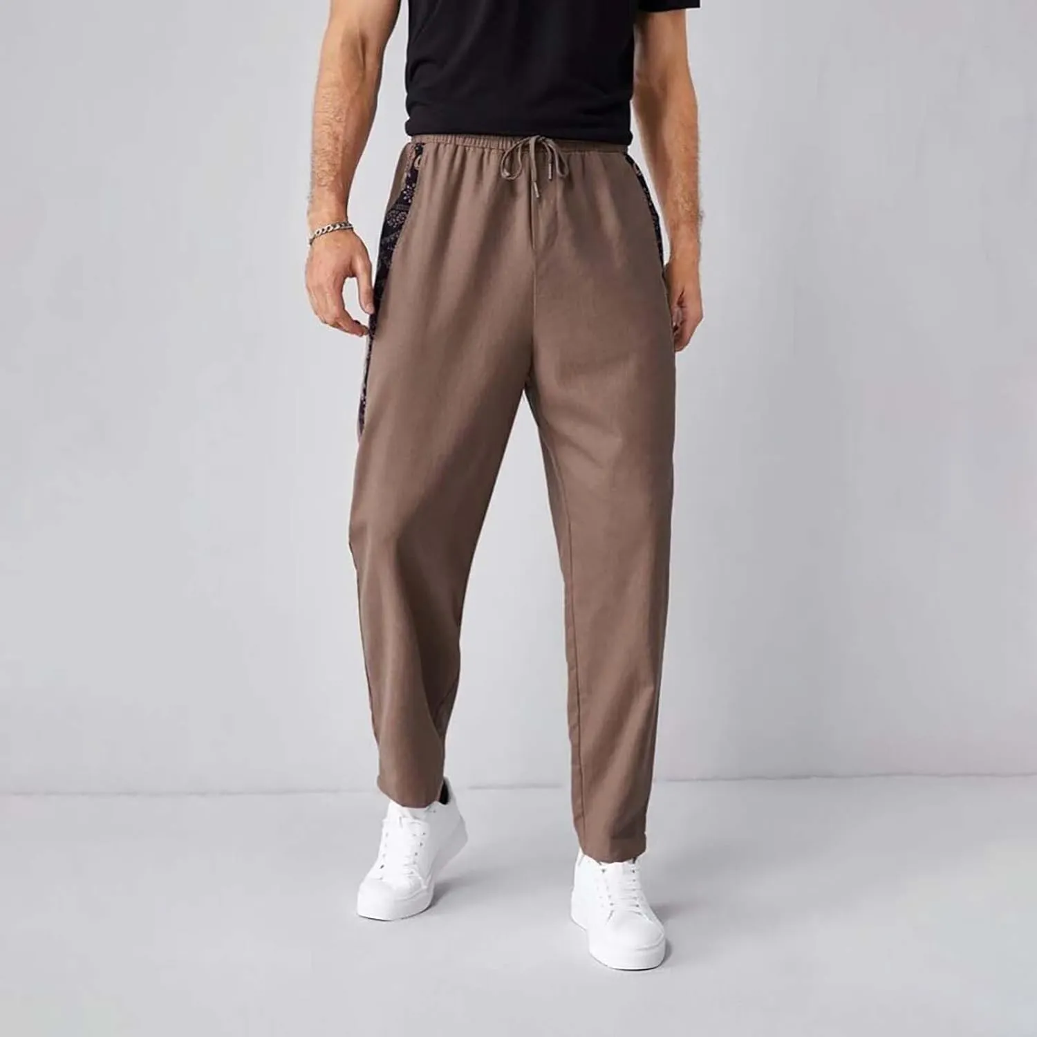 Men Linen Pants Casual Elastic Waist Trousers Summer Beach Vacation Lightweight Pants Drawstring Slacks with Pocket