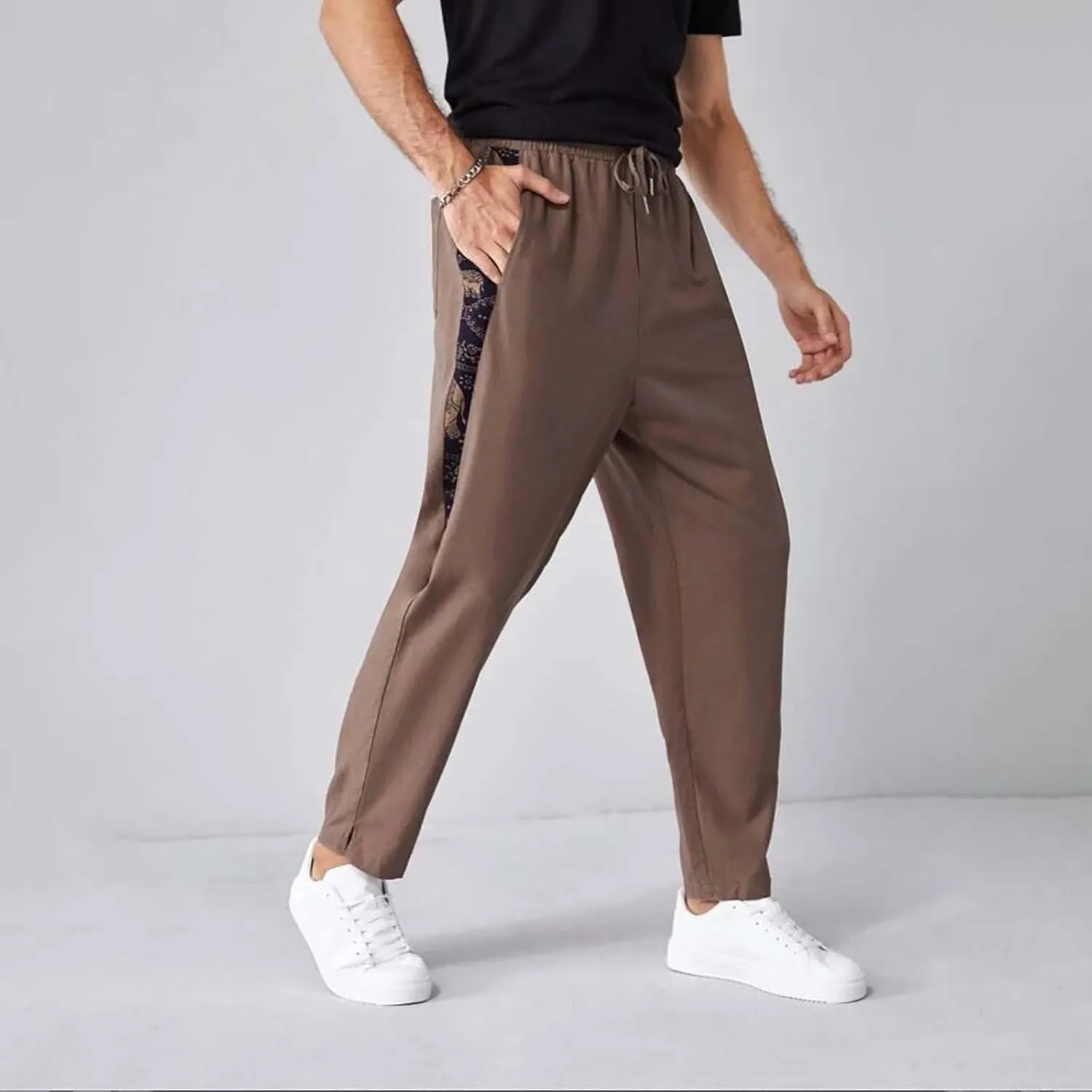 Men Linen Pants Casual Elastic Waist Trousers Summer Beach Vacation Lightweight Pants Drawstring Slacks with Pocket