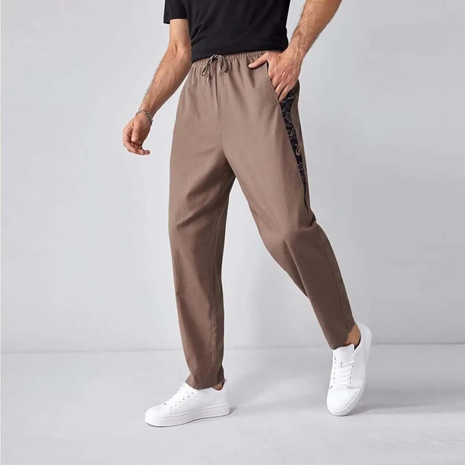 Men Linen Pants Casual Elastic Waist Trousers Summer Beach Vacation Lightweight Pants Drawstring Slacks with Pocket