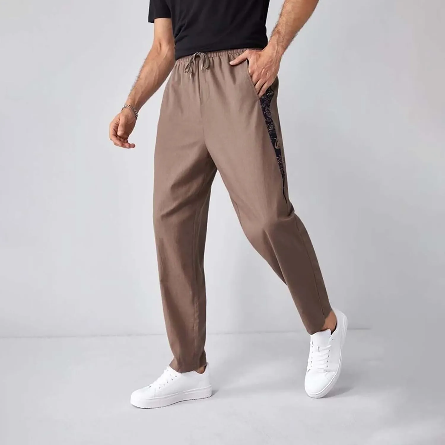 Men Linen Pants Casual Elastic Waist Trousers Summer Beach Vacation Lightweight Pants Drawstring Slacks with Pocket