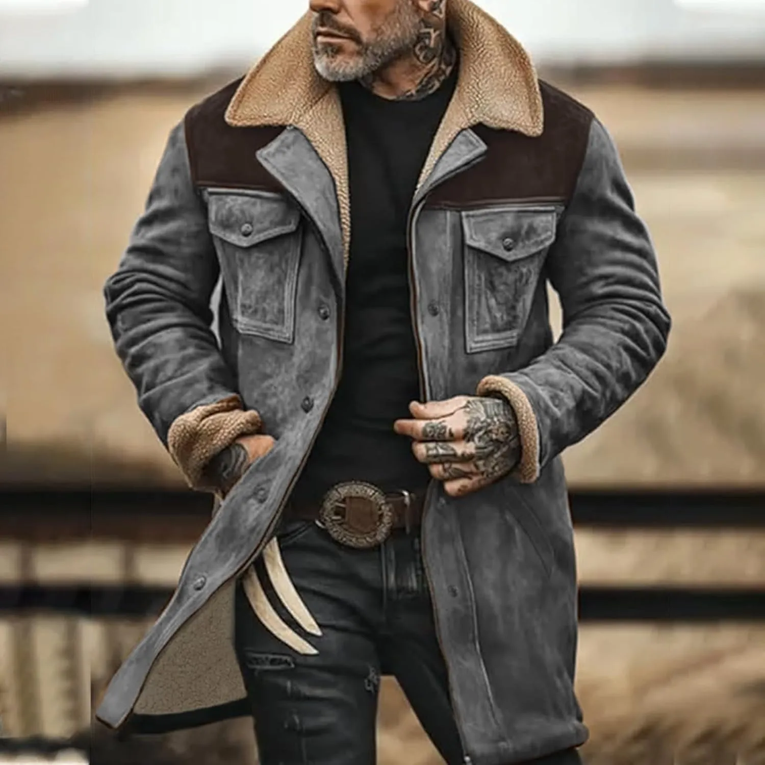 Men Vintage Suede Jacket Plush Collar Coats Faux Leather Jacket Men Zip Up Motorcycle Jacket Coats Retro Tops