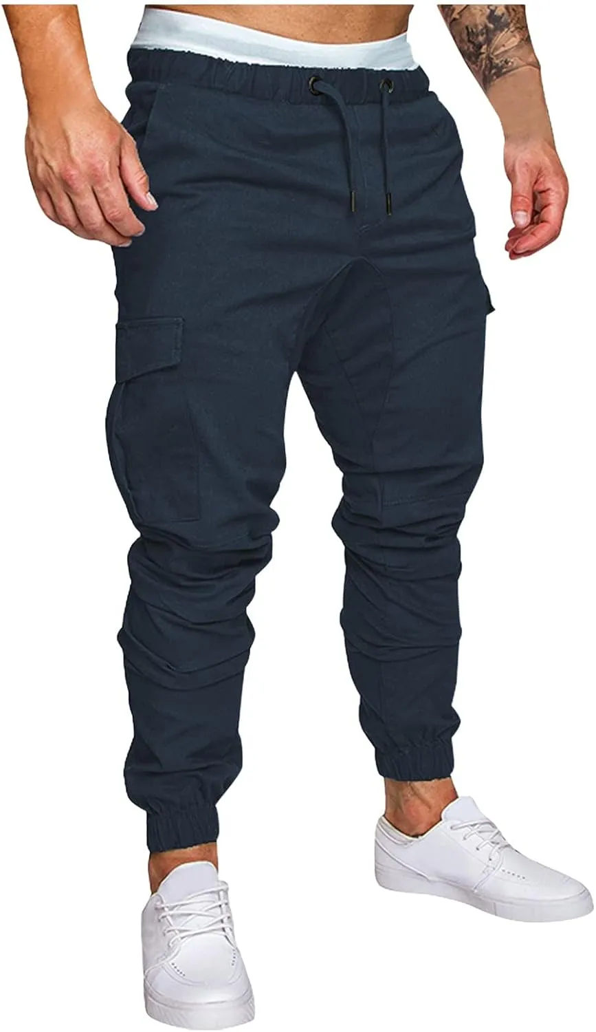 Mens Cargo Joggers Slim Fit Elastic Waist Athletic Work Pants Tapered Outdoor Hiking Cargo Sweatpants with Pocket