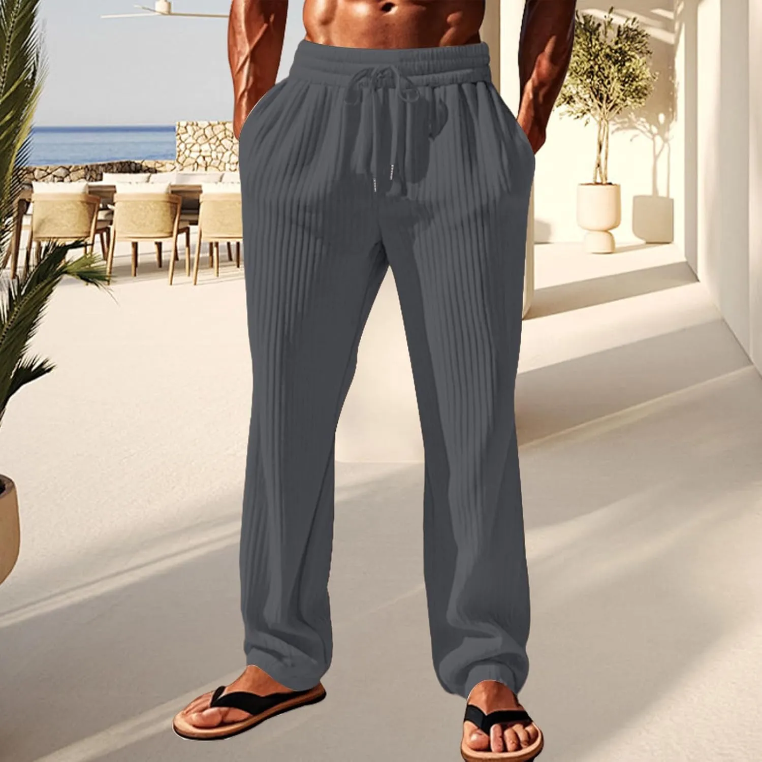 Men's Casual Pants Elastic Waist Drawstring Sweatpants Vertical Stripes Straight-Legs Pants Loose Trouser with Pockets