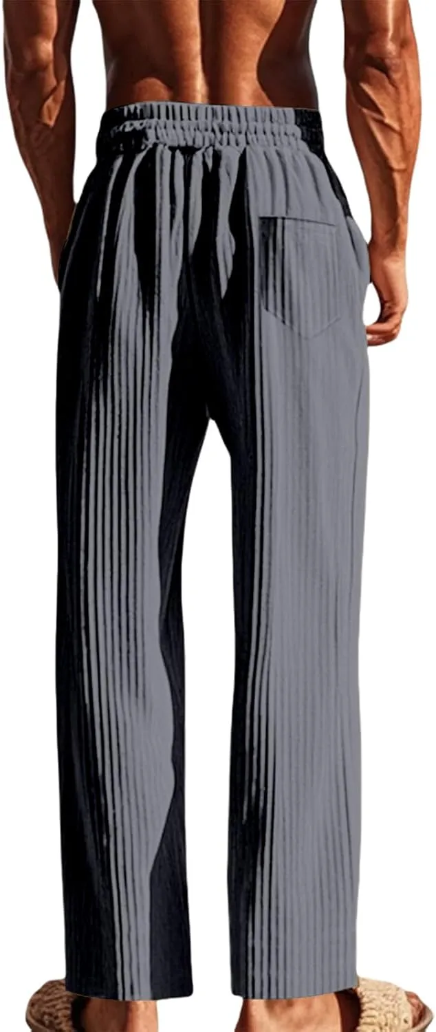 Men's Casual Pants Elastic Waist Drawstring Sweatpants Vertical Stripes Straight-Legs Pants Loose Trouser with Pockets