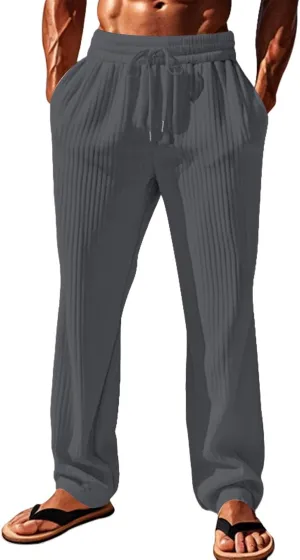Men's Casual Pants Elastic Waist Drawstring Sweatpants Vertical Stripes Straight-Legs Pants Loose Trouser with Pockets