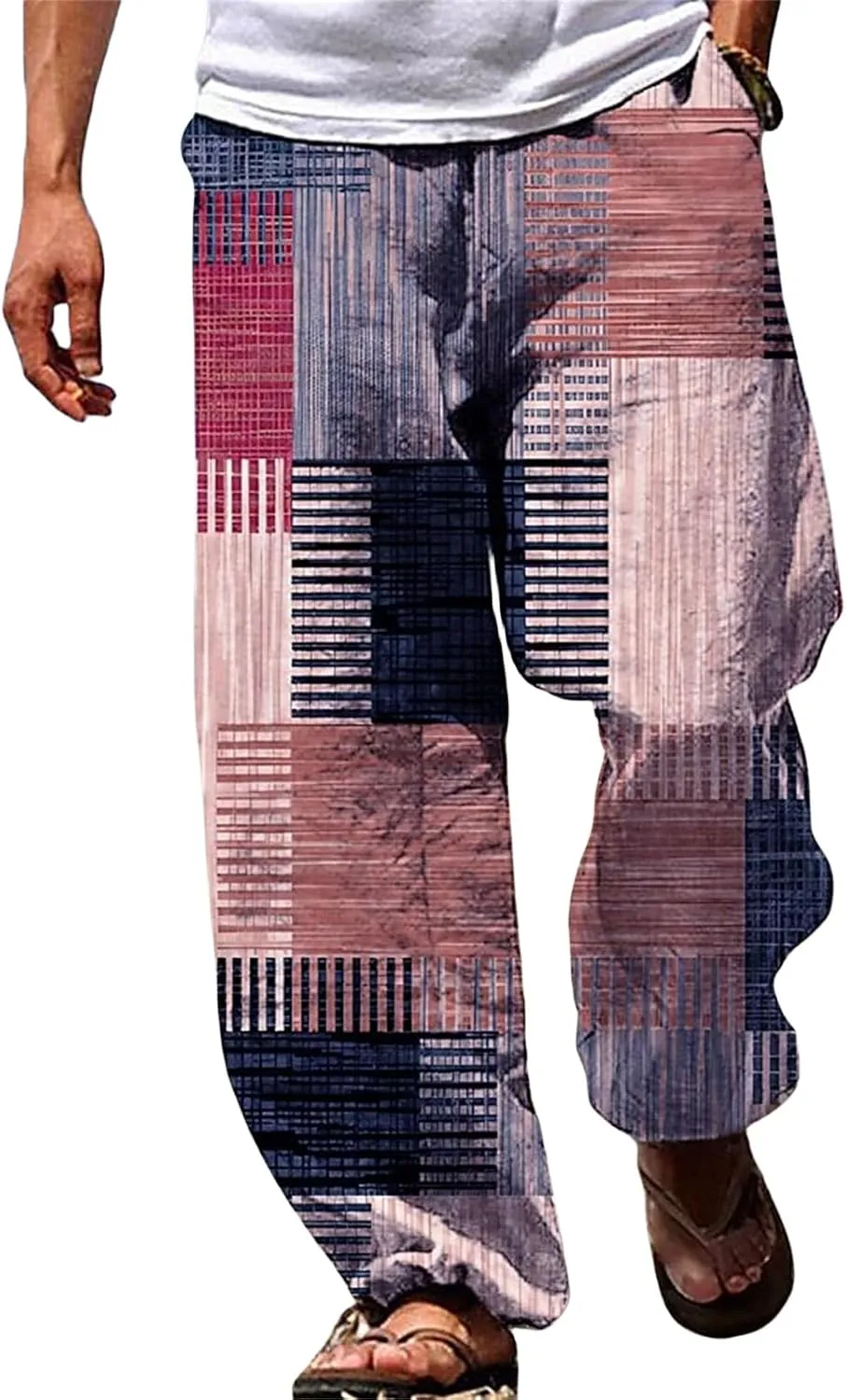 Mens Casual Pants Elastic Waist Wide Leg Stripes Patchwork Lightweight Trendy Pants Beach Yoga Trousers with Pockets