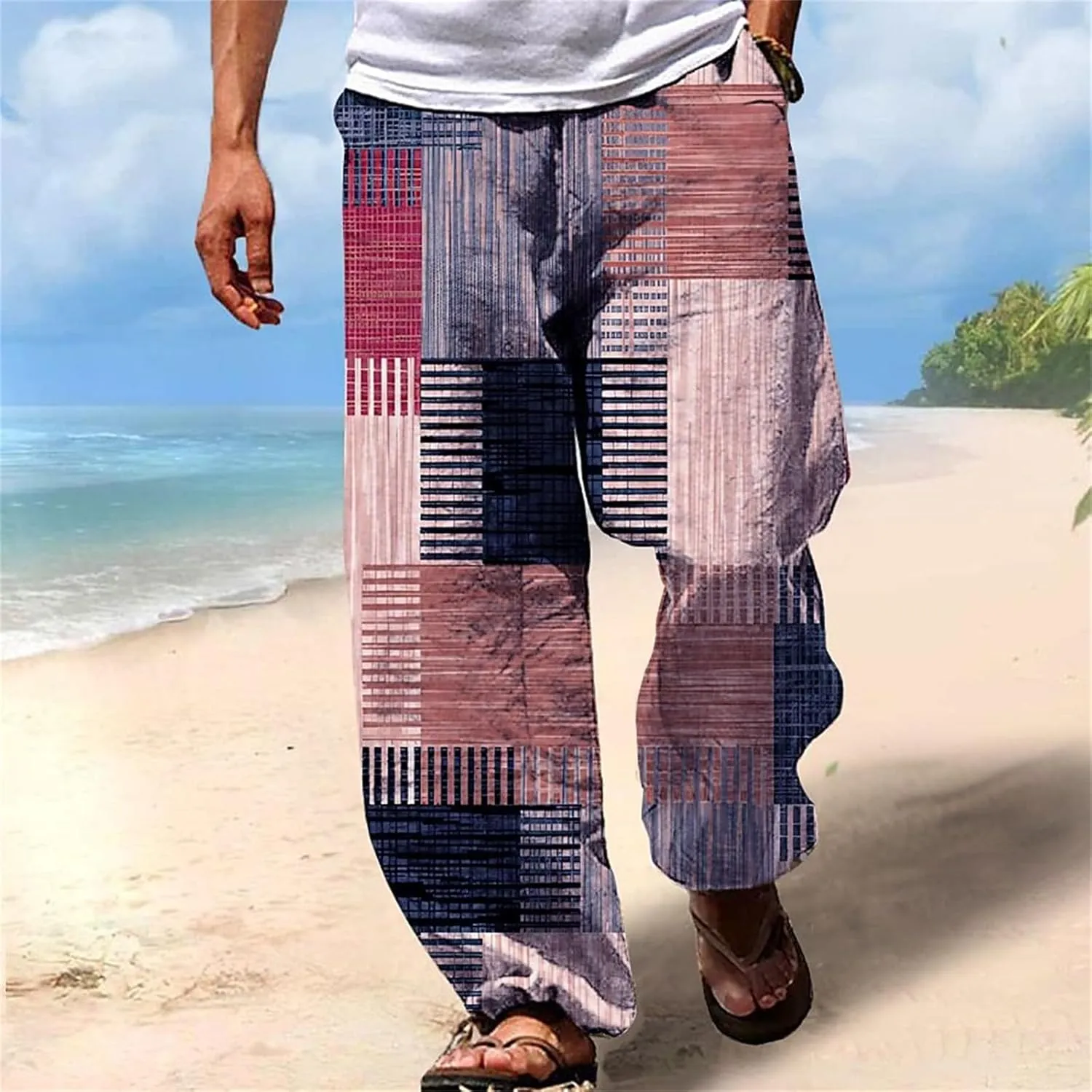 Mens Casual Pants Elastic Waist Wide Leg Stripes Patchwork Lightweight Trendy Pants Beach Yoga Trousers with Pockets