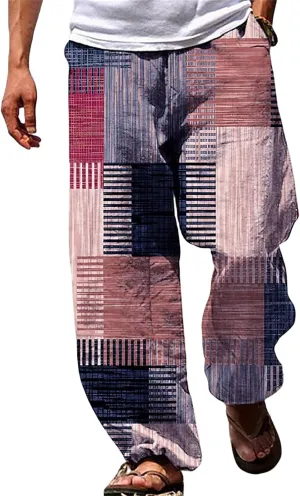 Mens Casual Pants Elastic Waist Wide Leg Stripes Patchwork Lightweight Trendy Pants Beach Yoga Trousers with Pockets