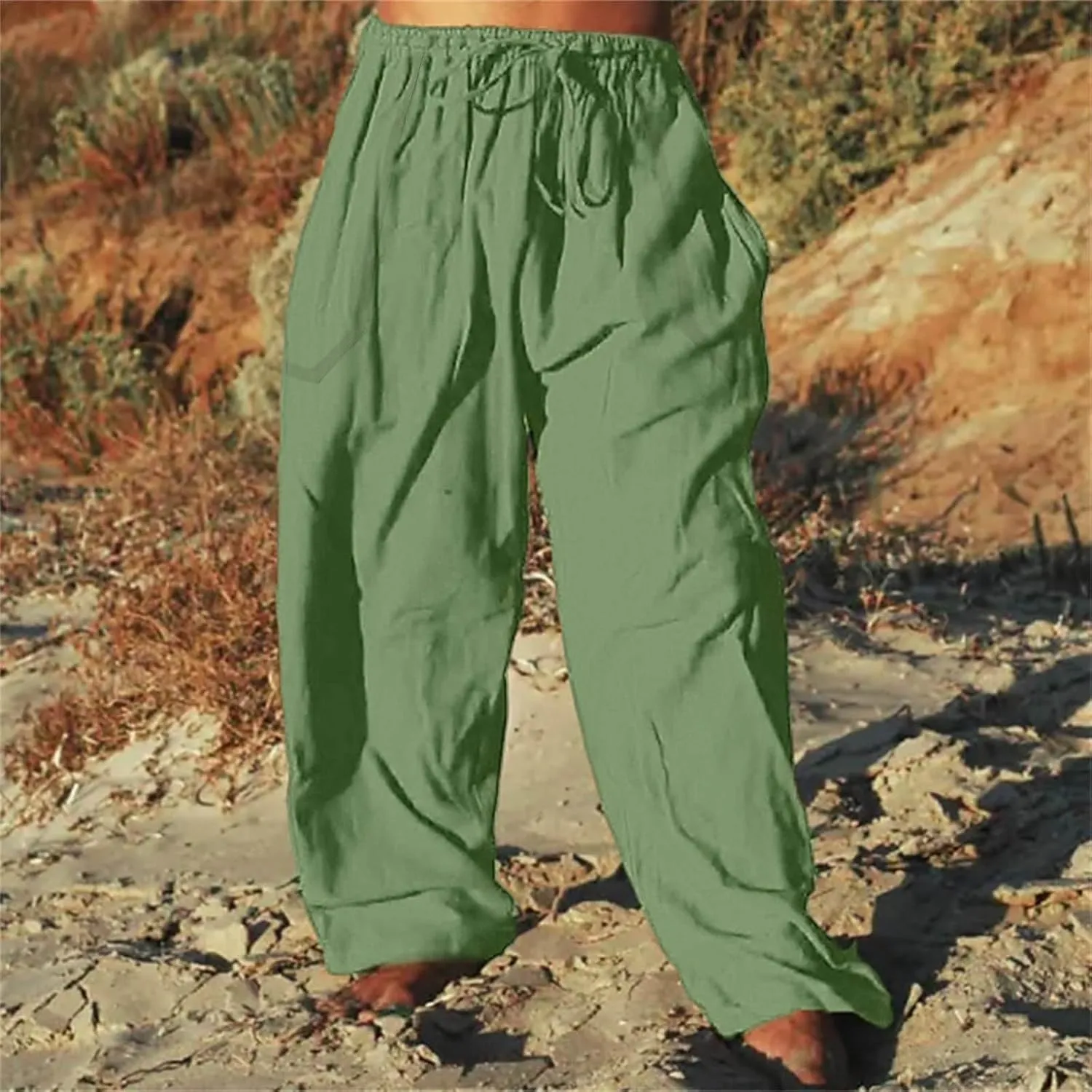 Mens Cotton Linen Harem Pants Elastic Waist Wide Leg Baggy Yoga Trousers Drawstrings Lightweight Summer Beach Pants for Men