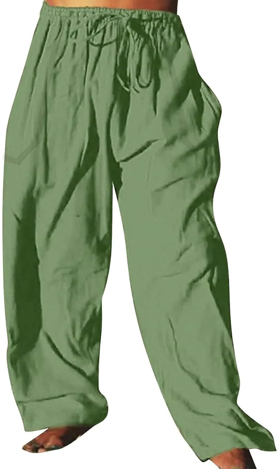 Mens Cotton Linen Harem Pants Elastic Waist Wide Leg Baggy Yoga Trousers Drawstrings Lightweight Summer Beach Pants for Men
