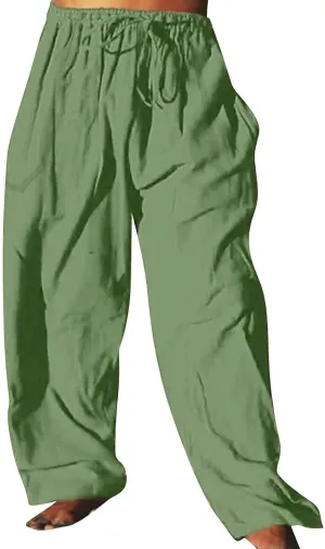 Mens Cotton Linen Harem Pants Elastic Waist Wide Leg Baggy Yoga Trousers Drawstrings Lightweight Summer Beach Pants for Men