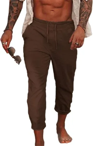 Mens Fashion Cotton Linen Pants Slim Fit Drawstring Lightweight Sweatpants Loose Fit Casual Outdoor Beach Trousers