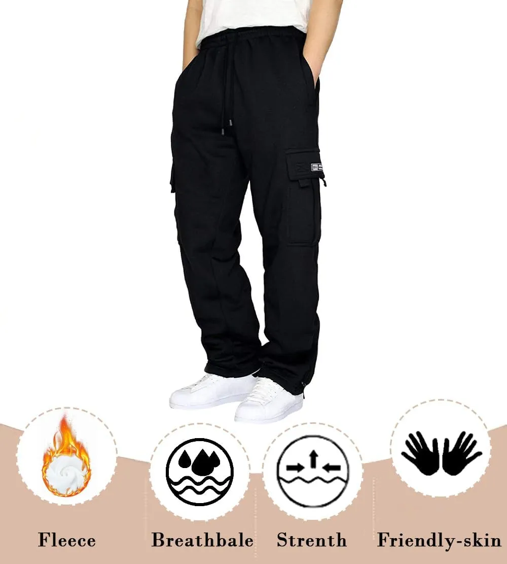 Men's Fleece Cargo Sweatpants Drawstring Loose Fit Joggers Sweats Pants for Adult with Pockets