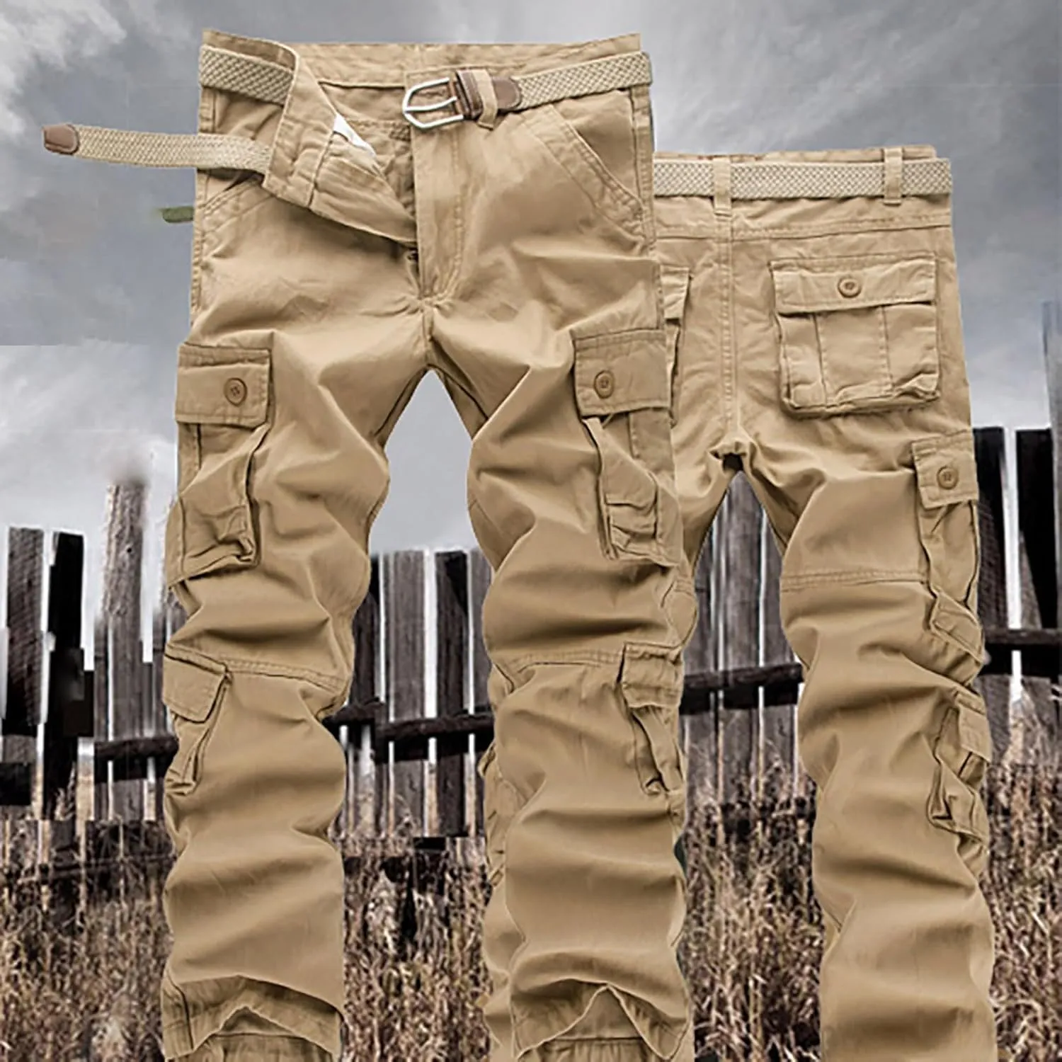 Men's Fleece Sweatpants Pants Men's Elastic Multi Pocket Pants Outdoor Straight Tube Quick Dry Cargo Hiking Pants