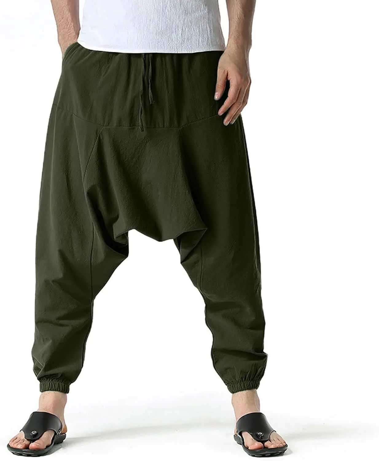 Mens Harem Pants Hip Hop Baggy Jogger Pants Vintage Hippie Drop Crotch Trousers Elastic Waist Comfy Casual Pants