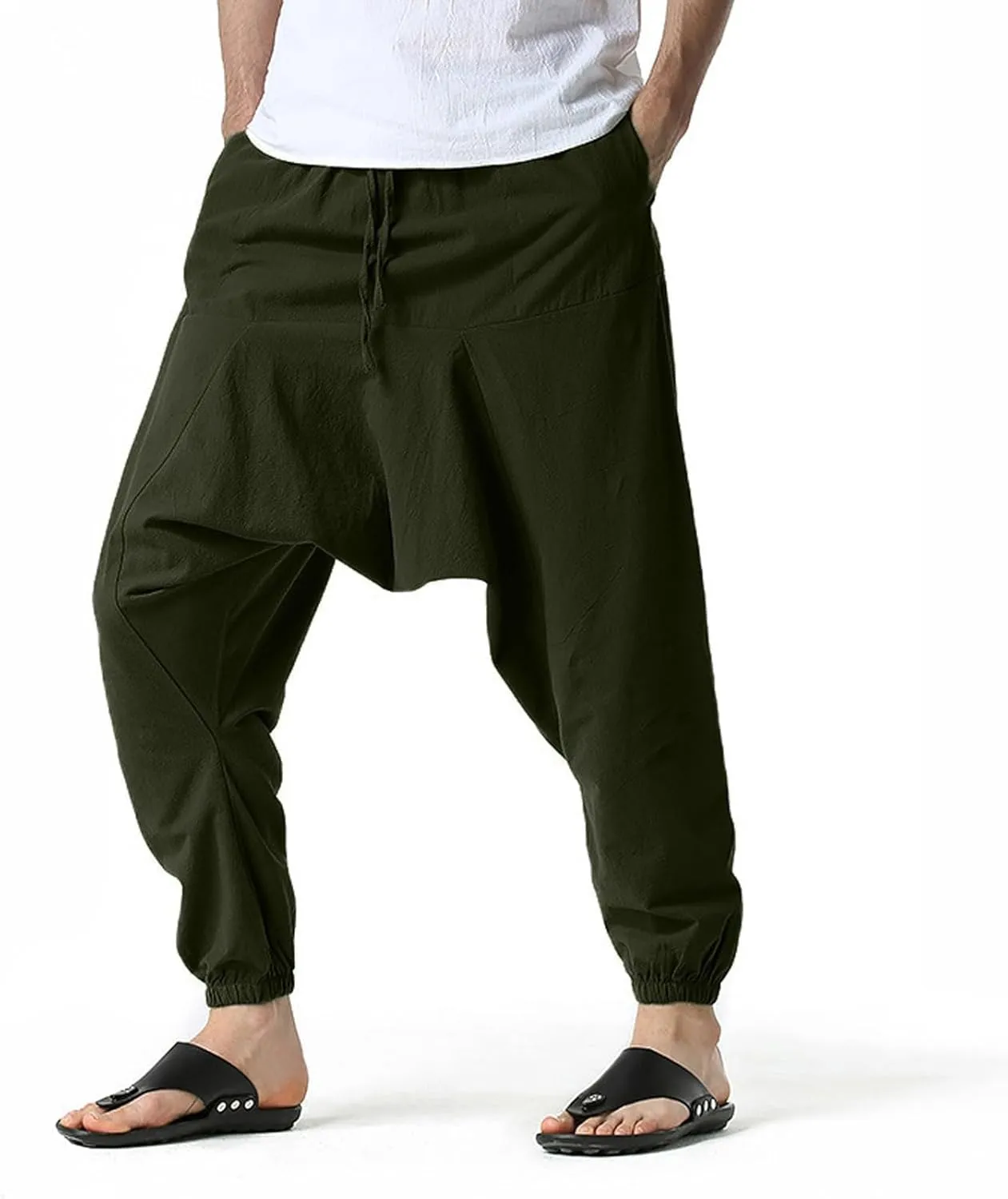 Mens Harem Pants Hip Hop Baggy Jogger Pants Vintage Hippie Drop Crotch Trousers Elastic Waist Comfy Casual Pants