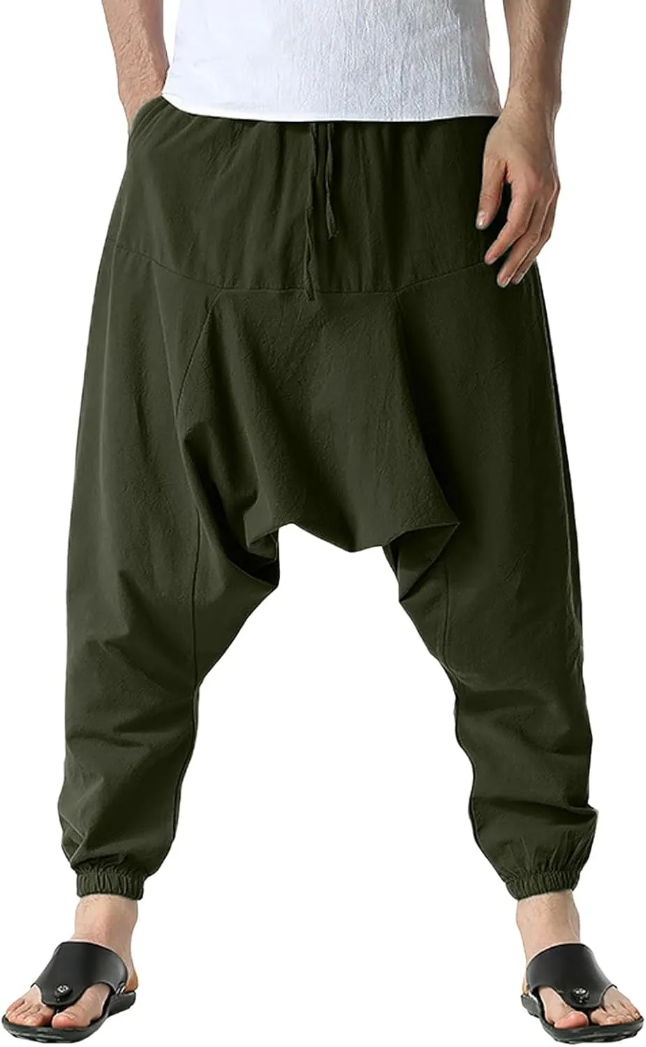 Mens Harem Pants Hip Hop Baggy Jogger Pants Vintage Hippie Drop Crotch Trousers Elastic Waist Comfy Casual Pants