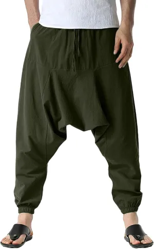 Mens Harem Pants Hip Hop Baggy Jogger Pants Vintage Hippie Drop Crotch Trousers Elastic Waist Comfy Casual Pants