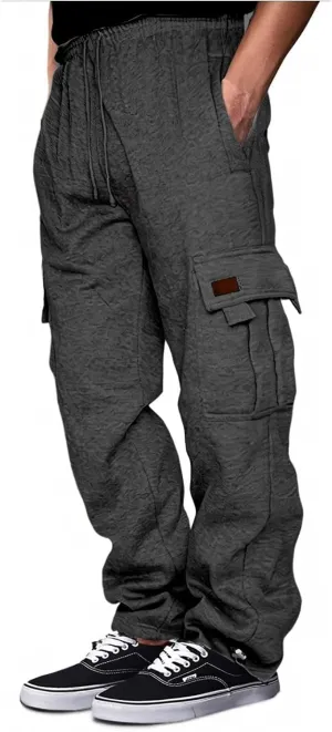 Mens Heavyweight Fleece Cargo Sweatpants Baggy Stretch Drawstring Elastic Waist Athletic Jogger Sweat Pant with Pockets