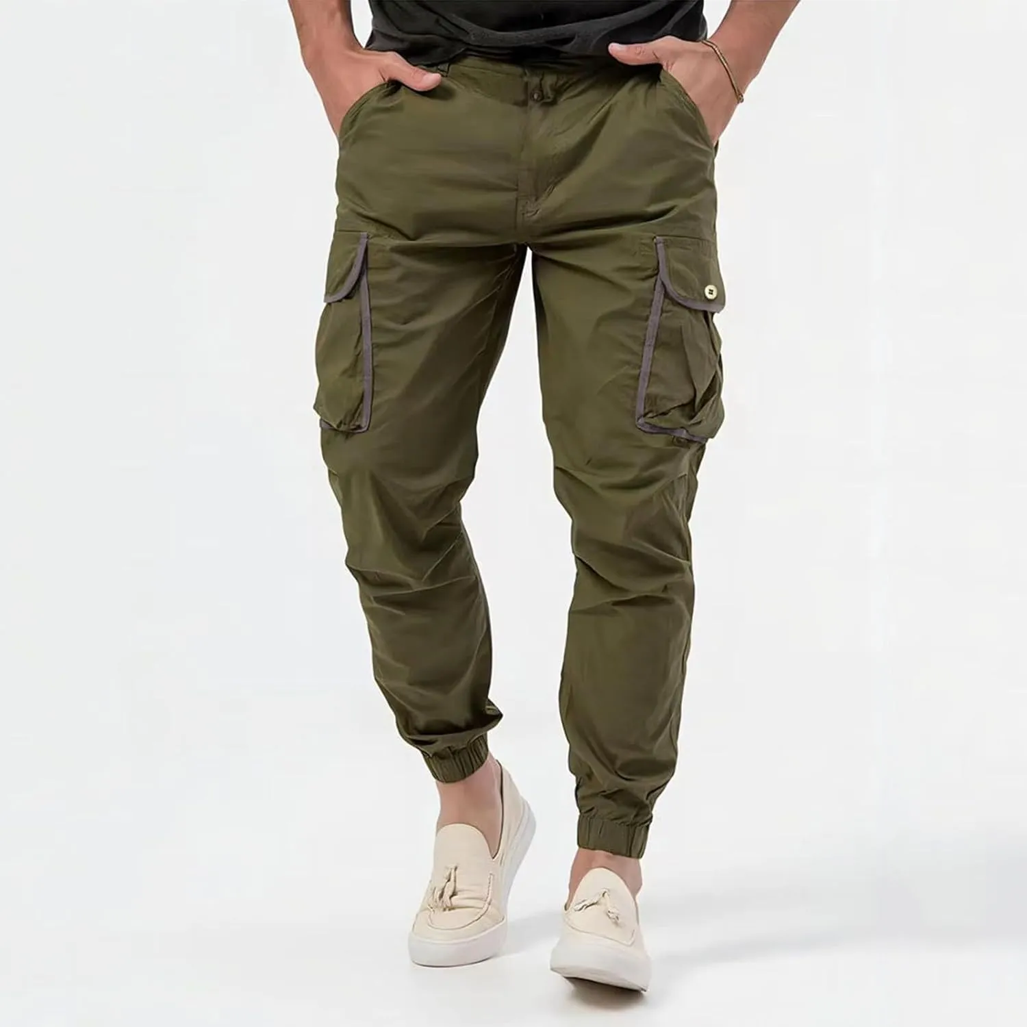 Men's Hiking Cargo Pants Slim Fit Stretch Lightweight Casual Joggers Drawstring Elastic Waist Workout Pants with Pockets